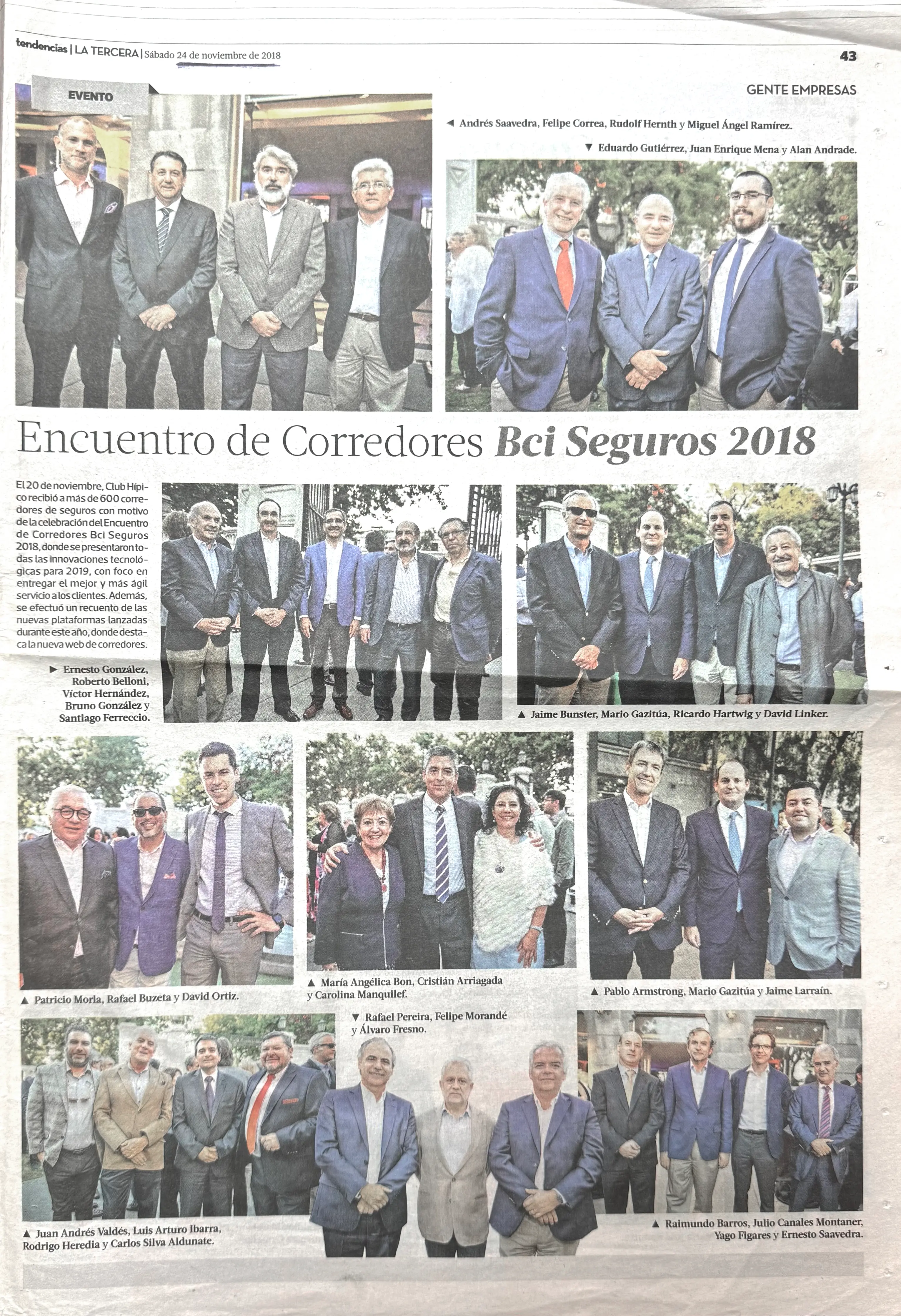 Recorte del diario La Tercera con la cobertura del Encuentro de Corredores Bci Seguros 2018, donde aparece María Angélica Bon junto a Cristián Arriagada y Carolina Manquilef